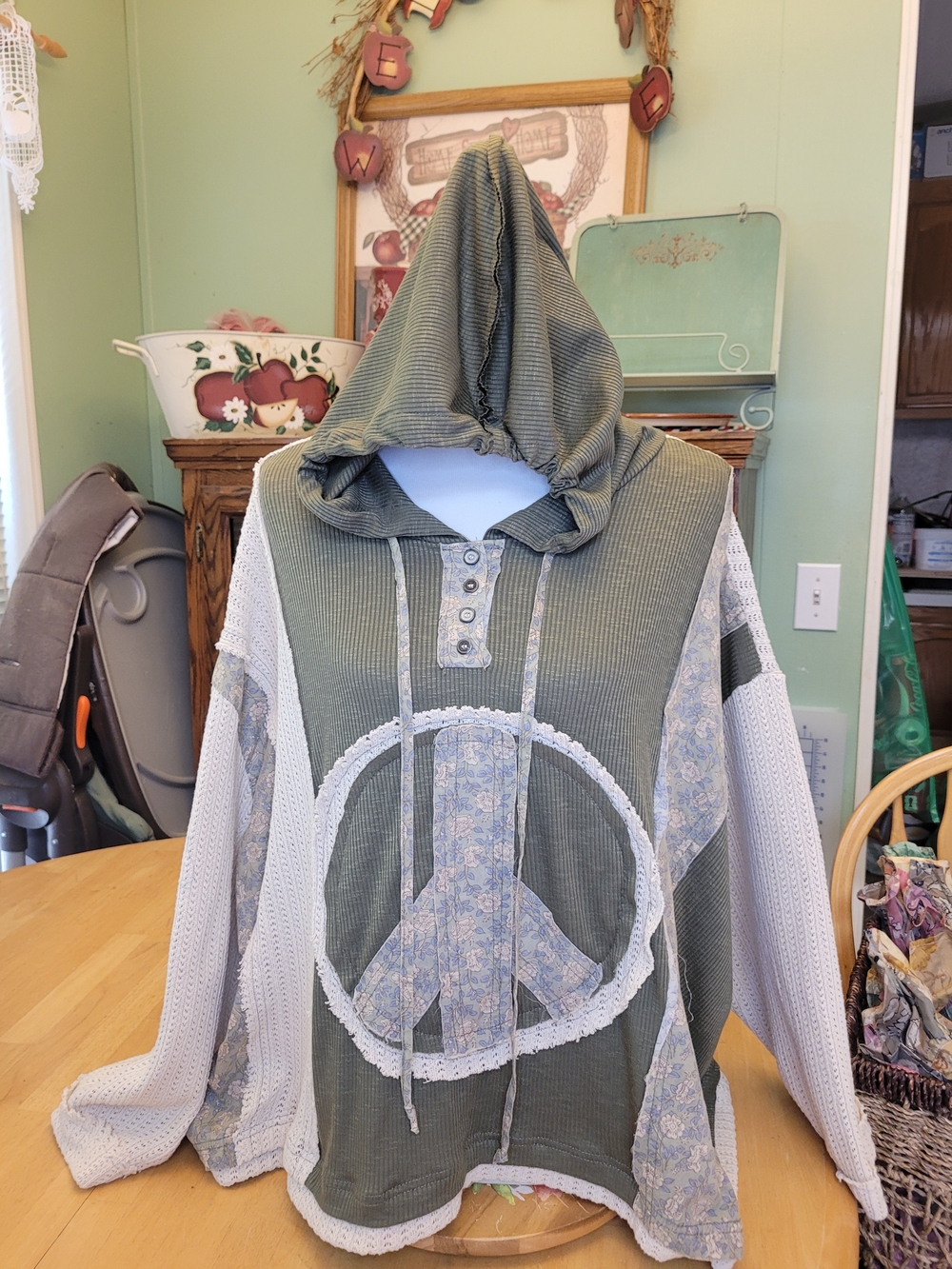 POL Boho Peace Sign Hooded Pullover in Sage Green and Cream